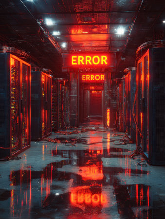 Glowing red error signs illuminate a cyberpunk server room as overheating equipment creates a reflective, wet floor ambiance in a high-tech environment.の素材