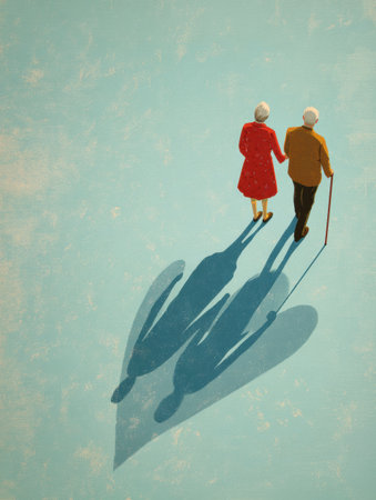 An elderly couple walks hand in hand, using a heart-shaped cane against a soft blue background, symbolizing their love and companionship in golden years.の素材