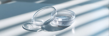 Contact lenses rest in an open case on a spotless white surface, spotlighted by soft light from one side, creating an inviting atmosphere for users.の素材