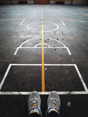 View from the court highlights floor player sneakers and scattered brackets, capturing the quiet before the action in a gymnasium setting.の素材