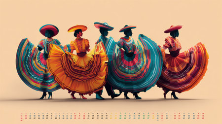 Vibrant dancers in traditional dresses showcase cultural heritage, celebrating Hispanic Heritage Month with lively movements and rich textures in their attireの素材