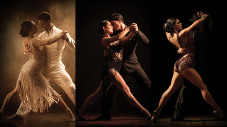 Four dancers show the elegance and techniques of salsa, merengue, bachata, and tango in vibrant, distinct outfits.の素材
