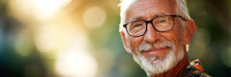 An elderly man with glasses smiles joyfully in soft outdoor light, surrounded by a tranquil atmosphere on a beautiful sunny day in nature.の素材