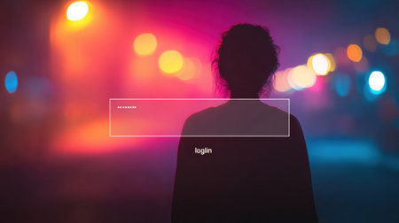 A user is attempting to log in to a social media profile, the background features colorful, blurred lights, indicating a night setting.の素材