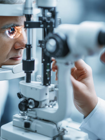 A doctor carefully conducts an eye examination using a slit lamp while the patient sits attentively in a medical environment that is softly blurred.の素材