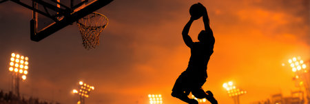 Basketball player performs a high-energy dunk, creating a striking silhouette against illuminated stadium lights, embodying the excitement of game night.の素材