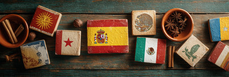Educational layout presents Hispanic flags and cultural symbols arranged creatively on a rustic wooden table with spices and decorative items.の素材