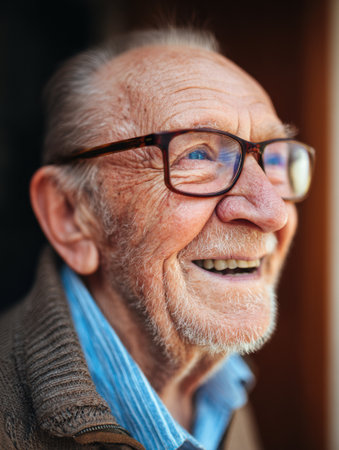 An elderly man with glasses smiles brightly in soft outdoor light, showing joy and wisdom. The scene radiates warmth, capturing a peaceful moment outdoors.の素材