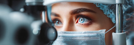 A doctor closely examines a patientの素材