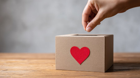 Hand reaches into a donation box featuring a heart symbol, adding support for a local charity initiative at a lively outdoor market in the afternoon.の素材