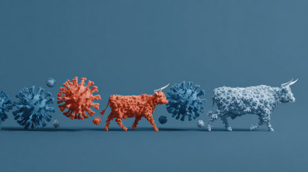 This infographic illustrates the concept of herd immunity, showing the dynamic interactions between viruses and livestock in a creative manner.の素材