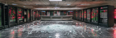 Flashing alert lights indicate issues in a data center with a broken glass panel and glass debris scattered on the floor, showcasing a serious situation.の素材