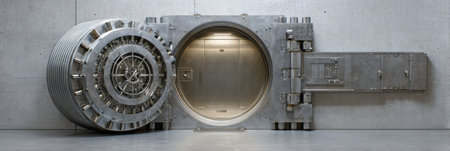 A cyber vault featuring a warning lock is shown breaking open, revealing its secure interior in a minimalist environment.の素材