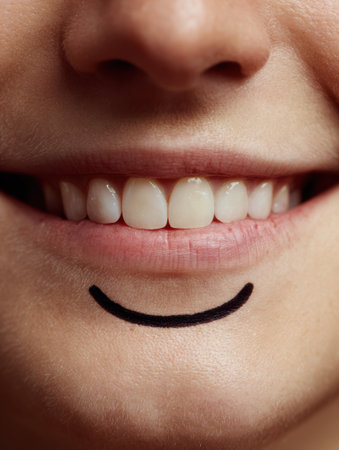 A close-up of a smiling face highlights a digital smile marker on the chin, symbolizing the overcoming of negativity and embracing joy, showing strength.の素材