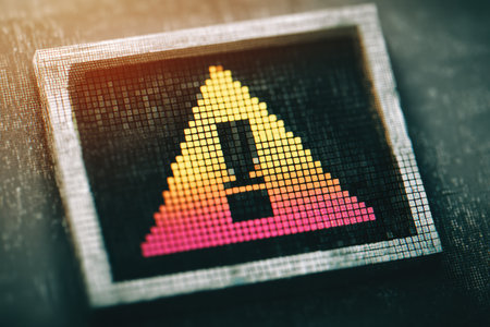 A pixelated warning icon with a triangular shape and exclamation mark stands out against a faded retro background.の素材