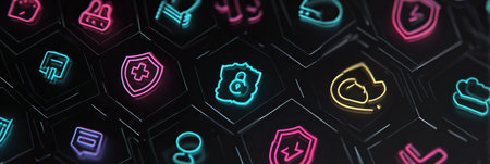 Vibrant cybersecurity icons like locks and shields on a dark background emphasize the significance of digital safety and protection.の素材