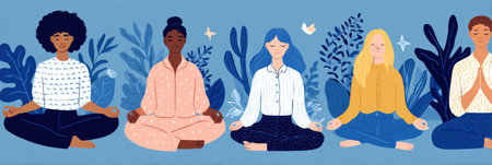 Diverse individuals engage in meditation and mindfulness practices, showcasing self-care techniques rooted in cultural traditions amidst serene nature elements.の素材