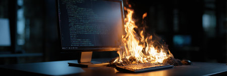 A monitor is on fire, displaying a critical failure message, with flames and smoke visible in a dimly lit environment. Debris surrounds the device.の素材
