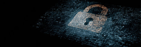A digital padlock formed from binary code overlays a tablet interface, symbolizing cybersecurity and data protection in a technology-focused setting.の素材