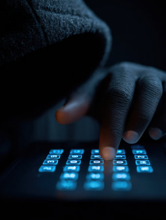 A person wearing a dark hood is engaged in cracking a login code through a glowing 3D digital keypad in a dimly lit space, focused and intent.の素材
