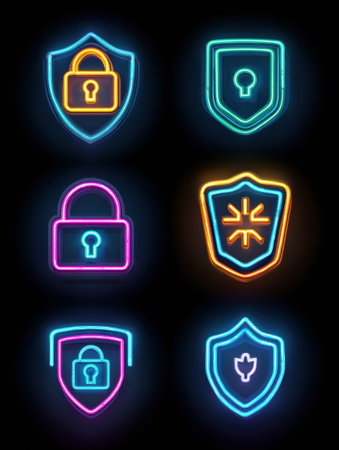 This infographic showcases key cybersecurity elements like locks, shields, and firewalls with neon icons on a dark background.の素材