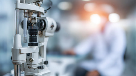 Doctor uses a slit lamp to examine a patients eyes while ensuring a sterile and focused environment in a medical facility.の素材