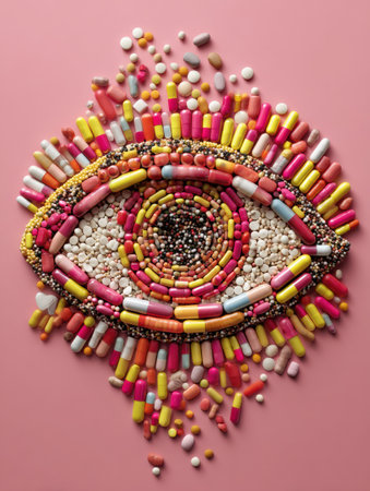 An eye shape formed from a variety of colorful pills rests on a pink surface, highlighting the blend of health and creativity in a vibrant design.の素材