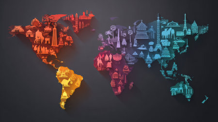 Colorful world map infographic displays gradient zones of top tourist countries and icons representing attractions and activities.の素材