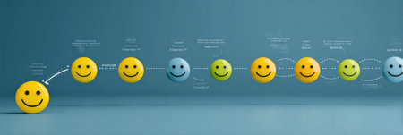 The infographic shows a smile scale representing customer satisfaction levels over time on a clear timeline.の素材
