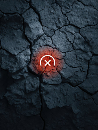 Floating cracked error icon stands out above dark, textured surface with visible cracks, creating a striking visual contrast in a minimalist environment.の素材