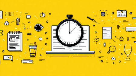 Infographic illustrates deep work routines, featuring icons of focus, a timer, and a notebook in a bright yellow and clean visual style for productivity.の素材