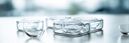 Contact lenses rest in an open case on a spotless surface while gentle light highlights the contours and transparency of the lenses.の素材