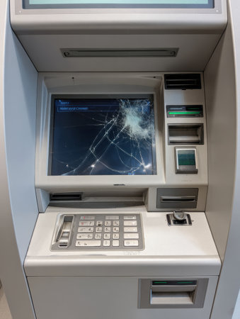 A malfunctioning touchscreen ATM features a cracked screen and a critical fault message, while the overall layout remains clean and organized.の素材