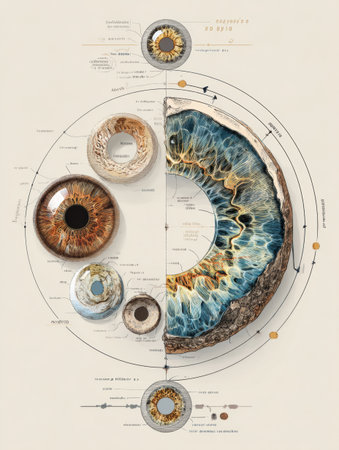 The illustration details the eyes evolution from youth to senior, highlighting intricate, anatomically accurate features in an engaging layout.の素材