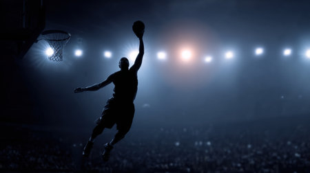 A striking silhouette of a player performs an impressive dunk against the backdrop of bright stadium lights, capturing the excitement of competitive basketball.の素材