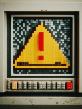 A yellow warning sign composed of pixelated blocks appears on a retro computer screen, creating a nostalgic digital aesthetic with a faded top margin.の素材