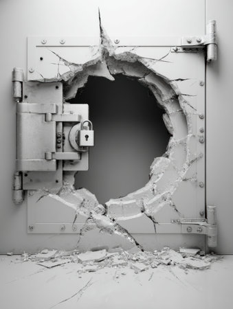 A cyber vault with a warning lock shows signs of a break-in, as the wall around it is cracked and damaged, signifying a security failure.の素材