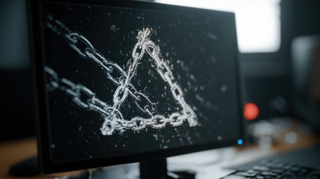 A computer monitor shows a warning triangle made of digital chains, suggesting alerts or errors in the system, with a dark backdrop enhancing visibility.の素材