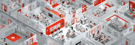 Office layout showcases multiple departments coordinating emergency drills to enhance employee safety and preparedness for unforeseen situations.の素材