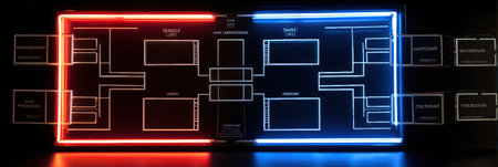 March Madness bracket board showcases vibrant neon highlights, featuring sections for teams and matches while maintaining a minimal design on the left side.の素材