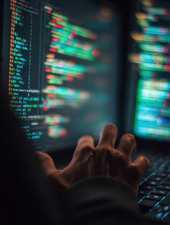 A hand reaches out to grab a password file displayed on a monitor, highlighting the act of cybercrime in a low-light setting, emphasizing digital threats.の素材