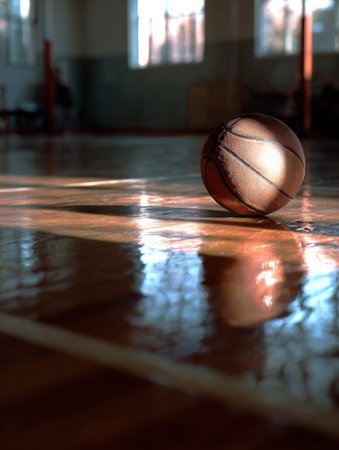 A basketball rests on a polished court floor, reflecting light in a tranquil atmosphere, with shadows enhancing the scenes calmness and depth.の素材