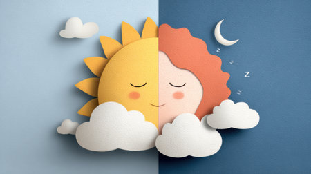 Infographic highlights the relationship between daily sunlight exposure and quality of sleep, using playful graphics and calming hues to convey the messageの素材
