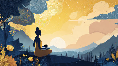 Practicing mindfulness and awe while sitting in a peaceful natural setting at sunrise, embracing tranquility and connection with the surrounding beauty.の素材