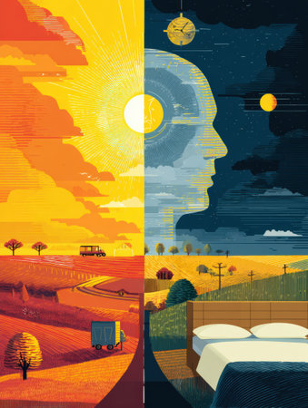 This infographic explores the relationship between sunlight exposure during the day and sleep quality at night, highlighting key insights and visuals.の素材