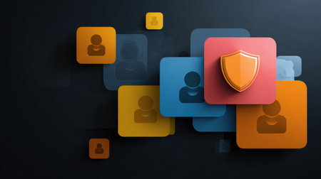 Visual representation of data privacy concepts highlighting user icons, shield symbols, and layered blocks of protection in security-themed colors.の素材