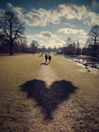 Two people stroll through a park, creating a heart-shaped shadow on the ground as the sky reflects a lovely afternoon with clouds and trees.の素材