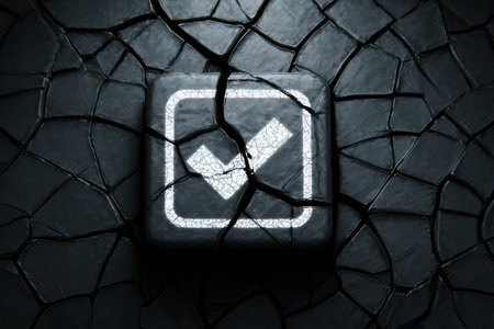 Floating cracked error icon against a dark textured background, featuring a clear top zone that contrasts with the fragmented design below.の素材