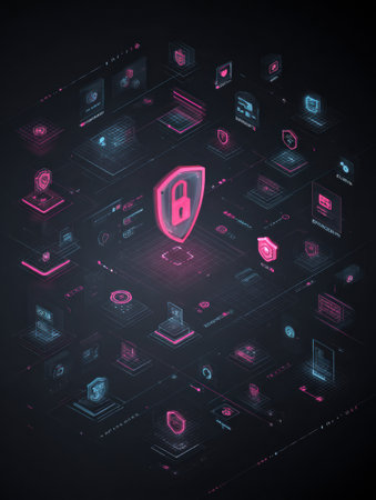 Visual of cybersecurity concepts with lock, shield, and firewall icons on a dark background accented by vibrant neon highlights.の素材