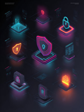 A dark-themed cybersecurity infographic features icons like locks and shields, highlighted in neon to emphasize security concepts.の素材